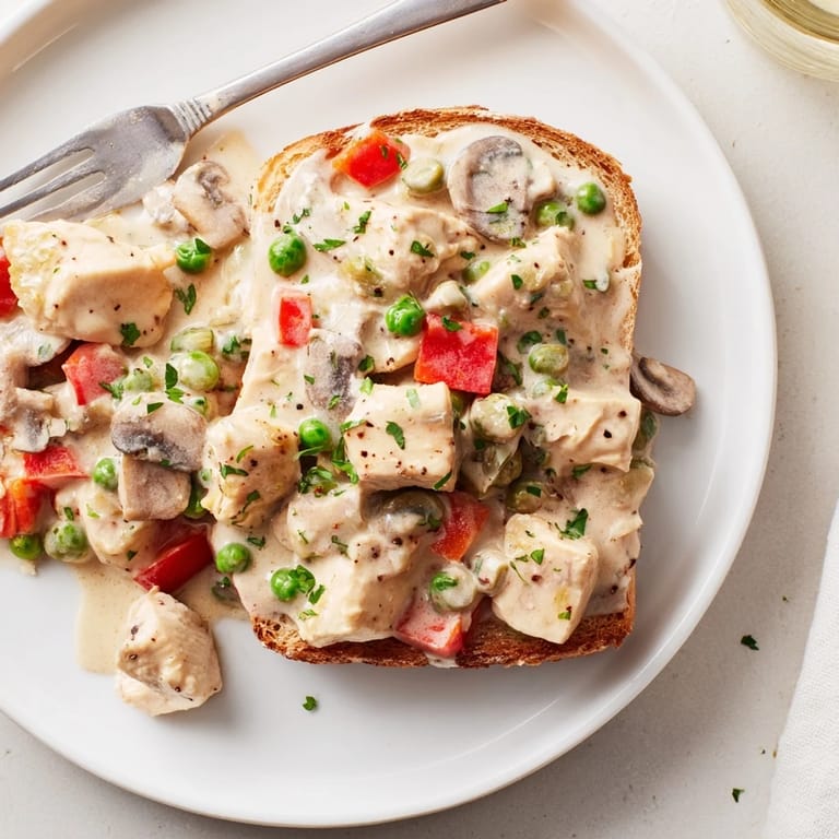 Hearty chicken à la king with vibrant veggies served lavishly over crunchy toast.