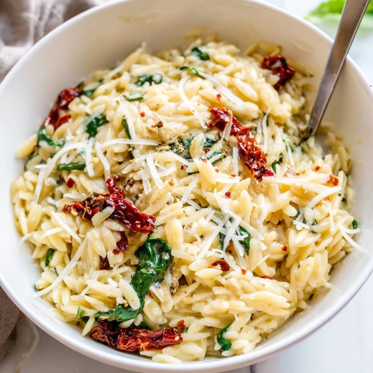 A deliciously rich Creamy Tuscan Orzo Bowl featuring garlic-Parmesan sauce and vibrant herbs.