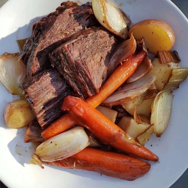 Hearty Sunday Pot Roast with tender beef and a colorful array of vegetables.