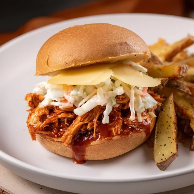 Close view of delicious BBQ Chicken Sliders with melty cheese and the perfect side of fries.