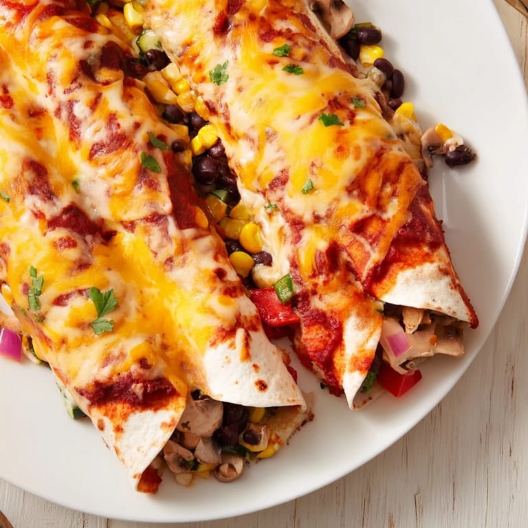 Bright photo of Farmers Market Vegetarian Enchiladas, glistening with enchilada sauce and topped with fresh cilantro.