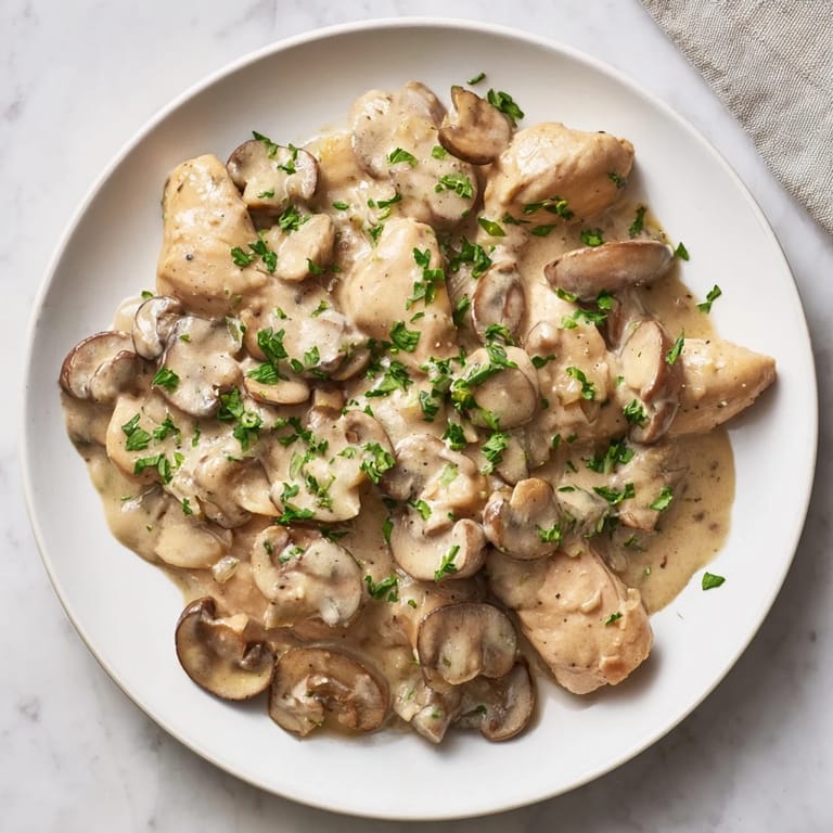 Golden, bite-sized chicken pieces in a luscious Creamy Chicken Stroganoff sauce, ready to be enjoyed.