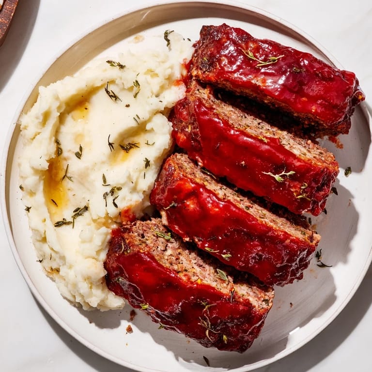 Warm, hearty Classic Meatloaf & Mashed Potatoes with a glossy glaze, perfect for a family gathering.