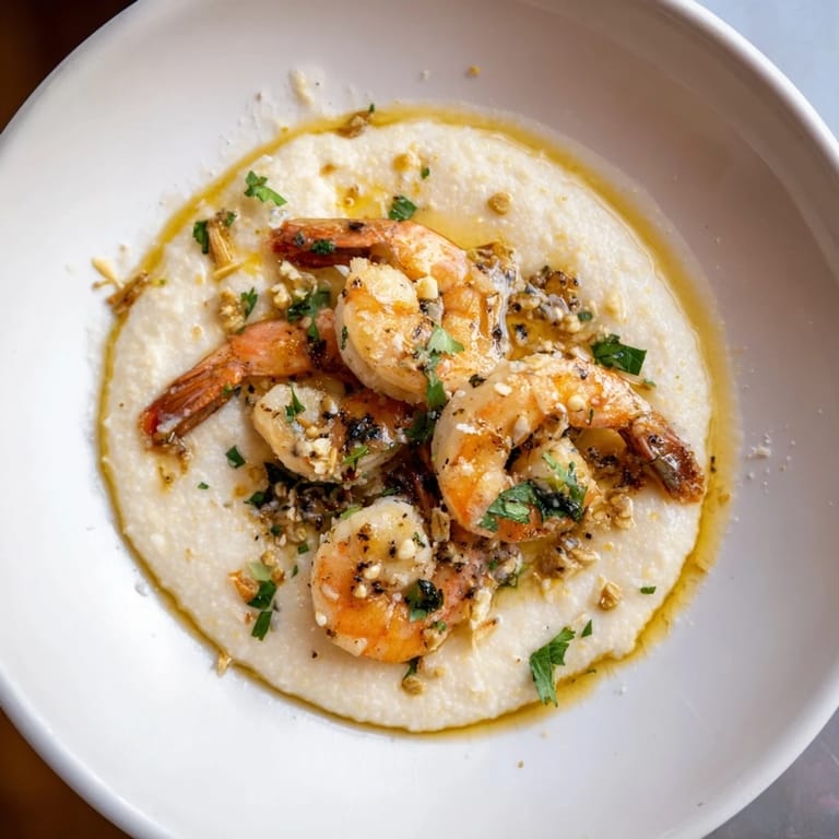 Golden shrimp atop cheesy grits swim in fragrant garlic butter; enjoy this Shrimp & Grits dish.