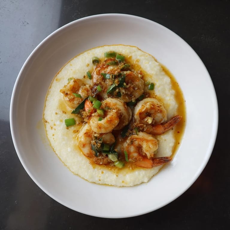 Perfect for brunch or dinner, a close-up shows tender Shrimp & Grits with a flavorful garlic butter sauce.