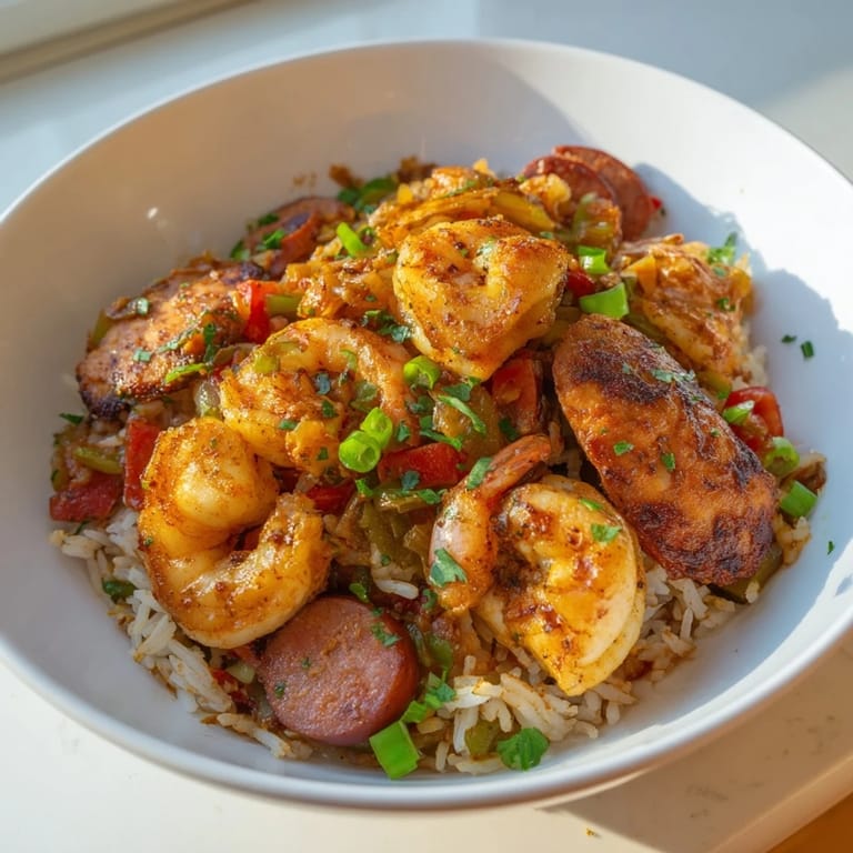 See a close-up of a Cajun Jambalaya Rice Bowl, rich with spices, tender shrimp, and a satisfying aroma.