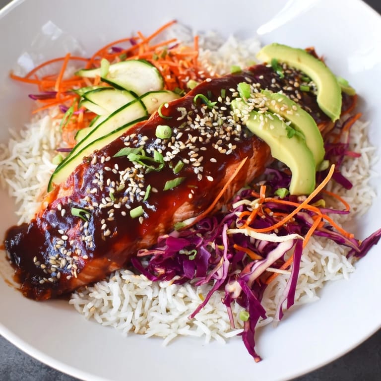 Fluffy rice beneath tender sweet chili salmon, a beautifully arranged bowl of Asian-inspired deliciousness.