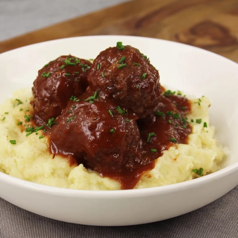 A close-up view of BBQ Meatballs & Mashed Potatoes, the glazed meatballs glistening with flavorful BBQ sauce.