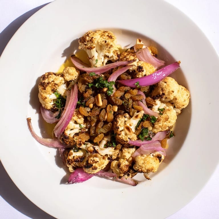 Tender, warm roasted cauliflower and red onion brightened with a zesty lemon pine-nut dressing.