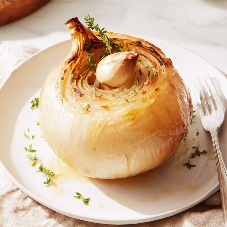 Close-up of a flavorful Onion Boil, with a fork gently piercing the soft, caramelized onion layers.