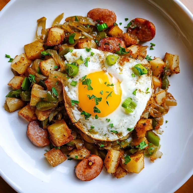 Savory Egg & Potato Hash showcasing crispy potatoes, hot dogs, and sunny-side-up eggs.