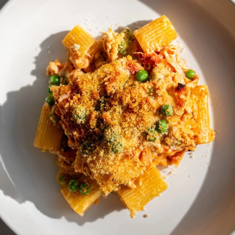 Creamy Tuna Pasta Bake with cheese topping, showing a delicious, budget-friendly casserole made.