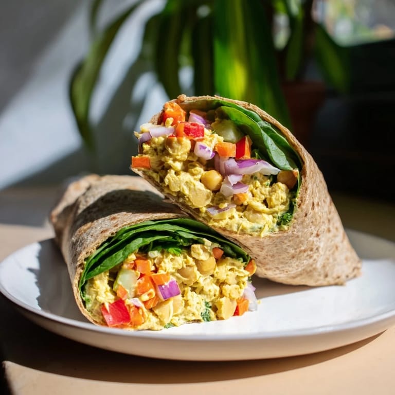 Homemade chickpea salad wraps with a scoop of creamy filling, perfect for a quick lunch.