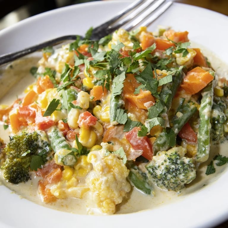 Creamy Veggie Coconut Curry with mixed vegetables, served hot, a delicious and easy Indian-inspired meal.