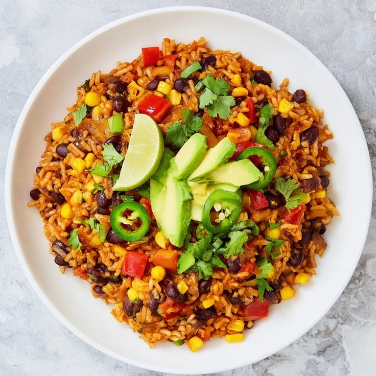 A colorful One-Pot Mexican Rice & Beans dish, a comforting and flavorful vegetarian meal option.