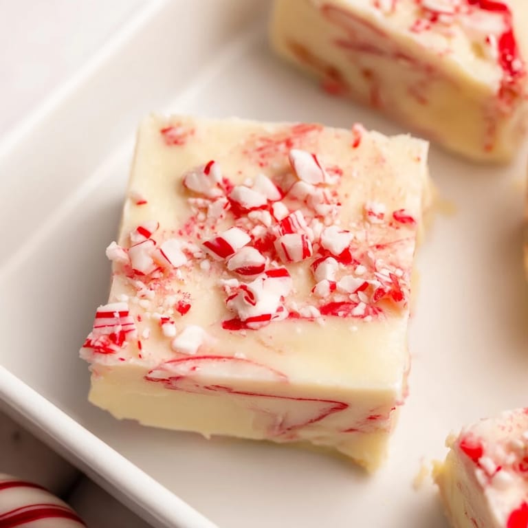 Festive White Chocolate Peppermint Bark Fudge, perfectly cut into squares, ready for a delicious treat.