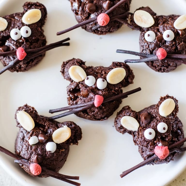 These adorable Silly Rat Cake Brownie Bites present dark chocolate cuteness with pink noses and almond ears.