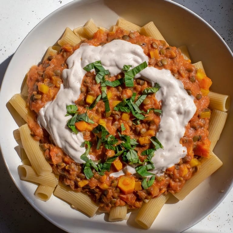 A steaming bowl of Creamy Tomato Basil Lentil Bolognese, rich with tomatoes and herbs.