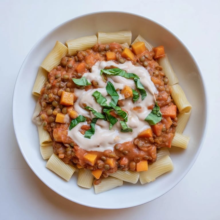 Enjoy a comforting plate of Creamy Tomato Basil Lentil Bolognese, with hearty lentils and fresh basil.