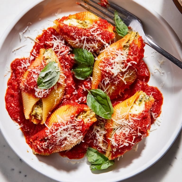 Golden-topped Pesto and Ricotta Stuffed Shells, served hot, a visually inviting Italian dish ready to enjoy.