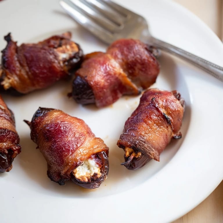 Golden brown bacon-wrapped dates, the salty bacon complementing the sweet date and tangy cheese.