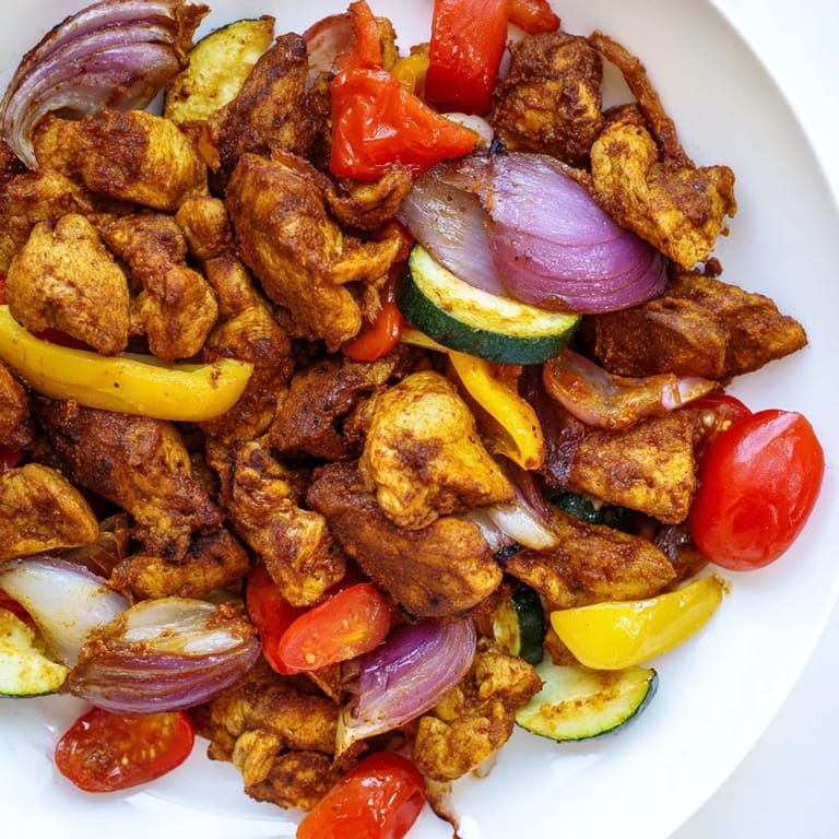 A close-up of delicious Sheet Pan Chicken Shawarma with colorful peppers, tomatoes, and herbs, served.