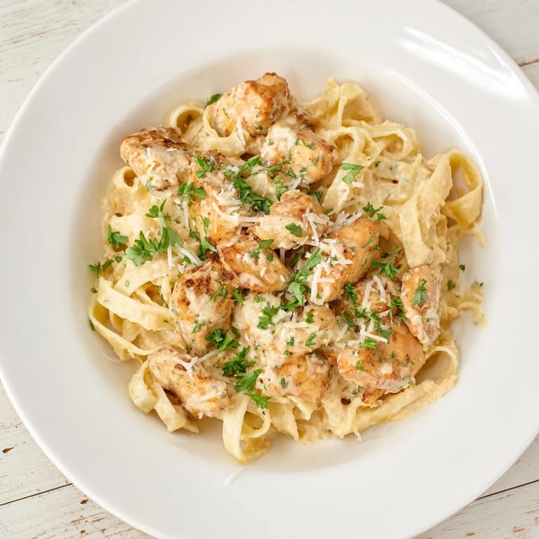 A beautiful close-up of Cowboy Butter Chicken Pasta; the sauce coats the fettuccine, ready to eat.