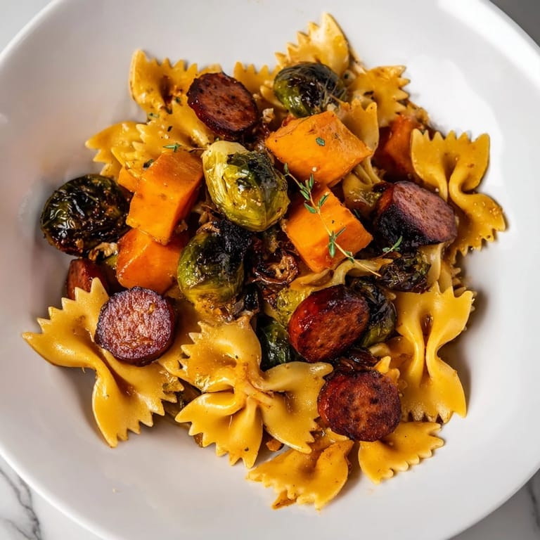 Golden-brown butternut squash and sausage mingle in this delicious Autumn Sausage Pasta Squash dish.