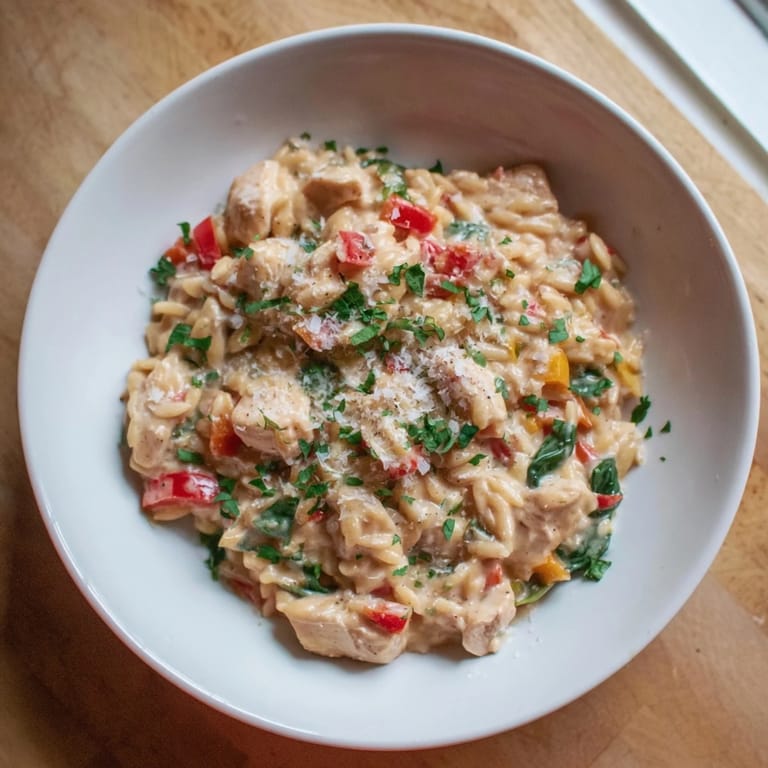 Imagine the vibrant red peppers in this One-Pot Cajun Chicken Alfredo Orzo recipe, served hot and delicious.