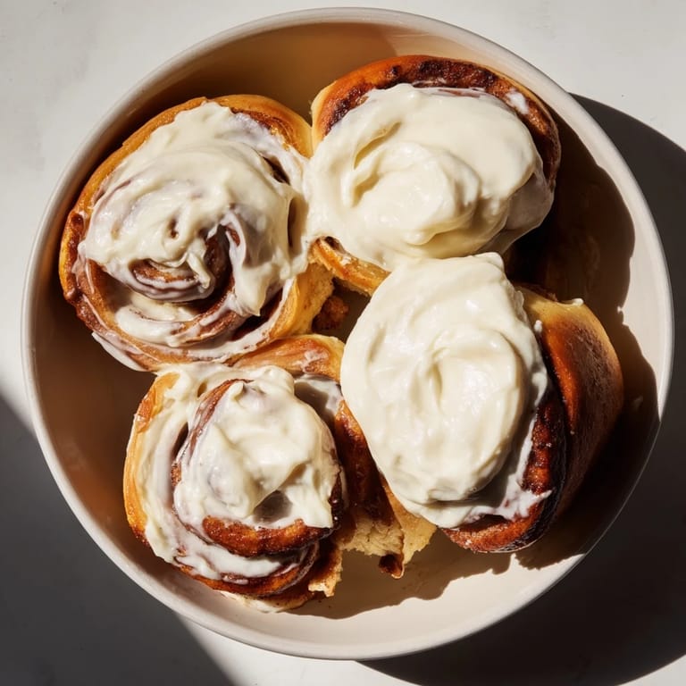 Close-up of freshly baked Viral TikTok Heavy Cream Cinnamon Rolls, drizzled with sweet, white cream cheese icing.