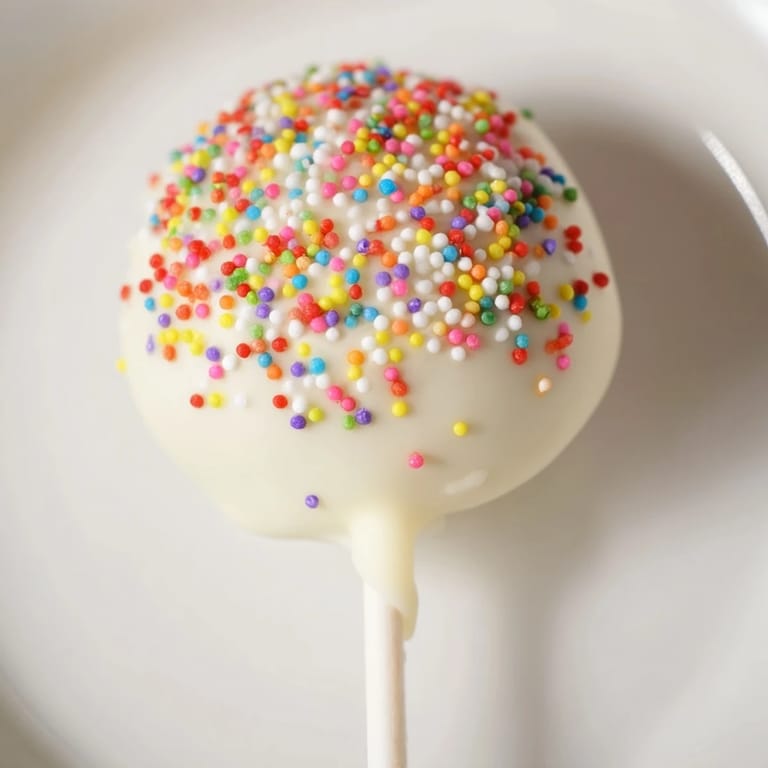 Sweet, perfectly round Lightened-Up Sugar Cookie Cake Pops, dipped in melted chocolate and waiting to set.