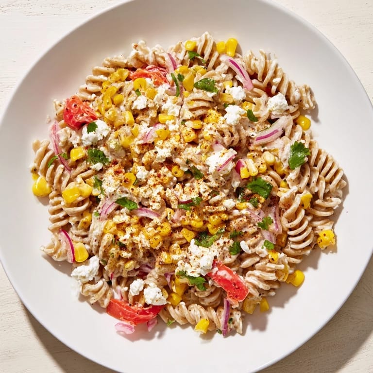Cool, creamy Healthier Mexican Street Corn Pasta Salad tossed with fresh herbs and crumbled cheese.