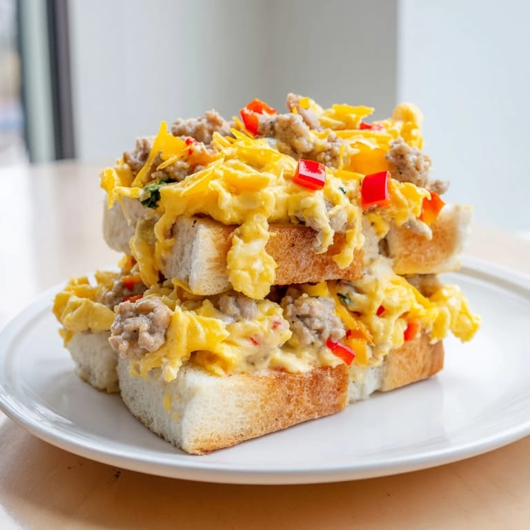 A close-up of a hearty Lightning-Fast Breakfast Sausage Casserole, studded with colorful peppers.