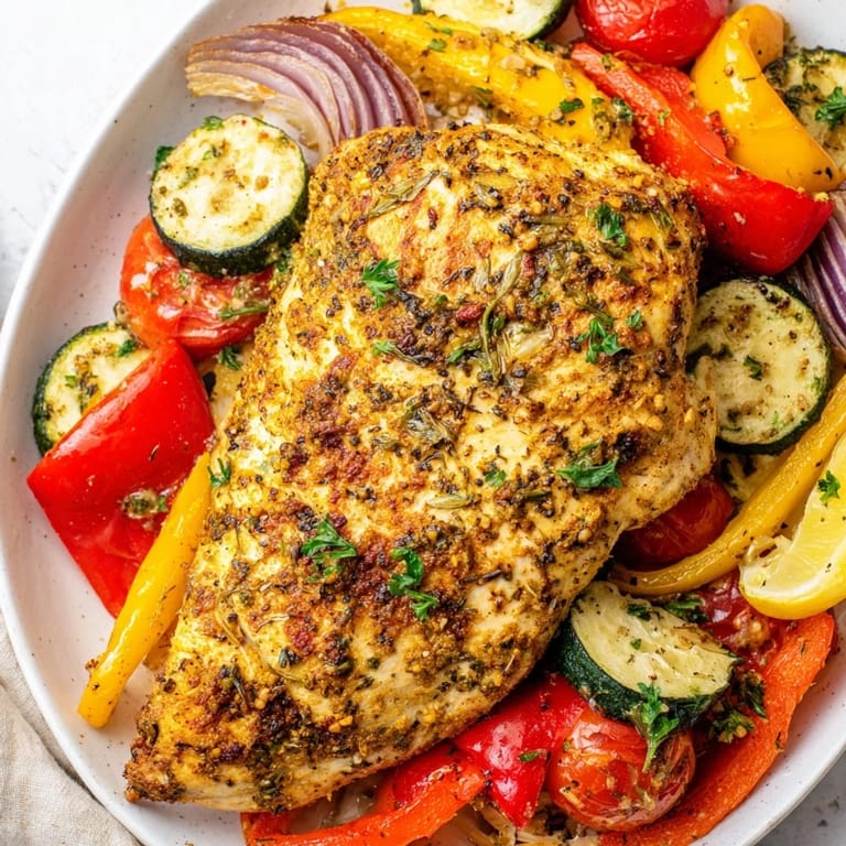 Freshly baked sheet pan Lemon Oregano Chicken Cutlets: tender chicken and colorful vegetables ready to serve.