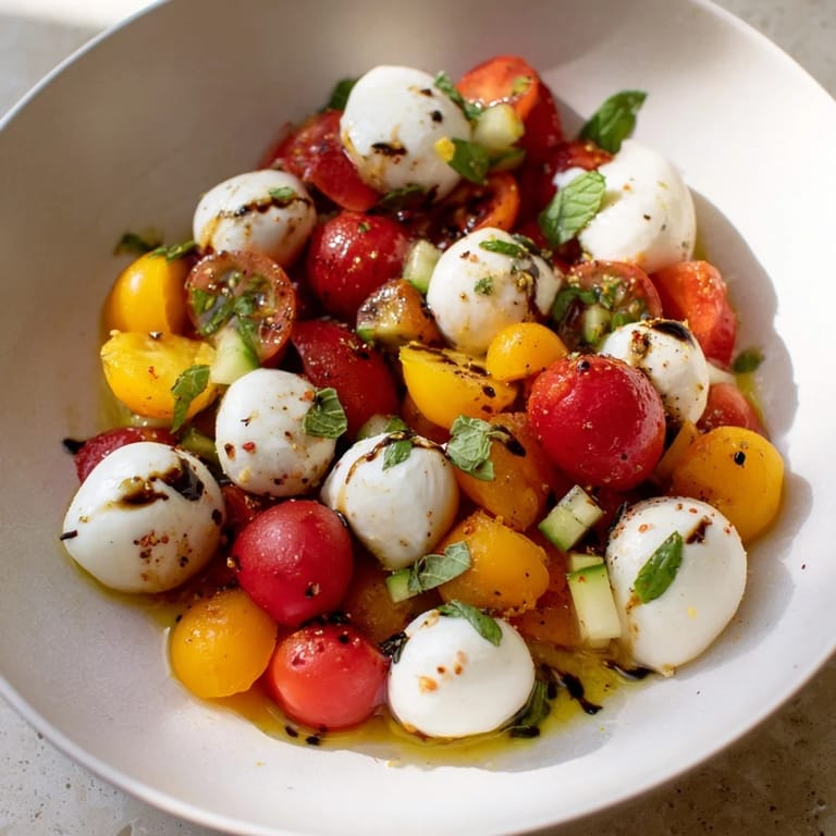 Fresh Simple Holiday Chopped Caprese Salad; a colorful salad with balsamic glaze drizzle, ready to serve and enjoy.