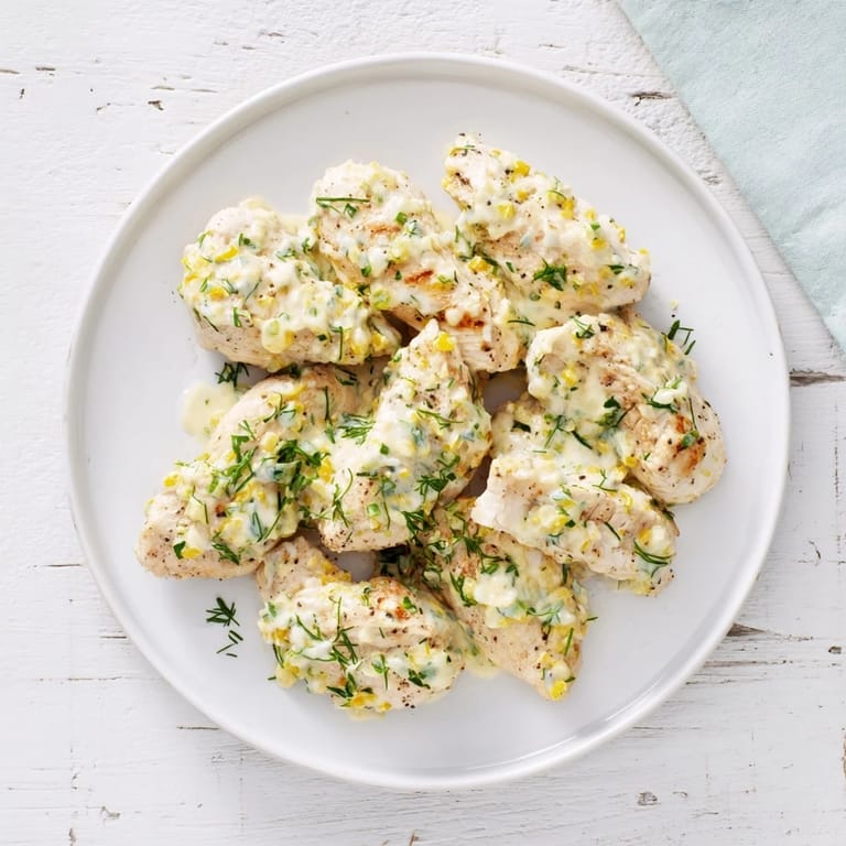 A close-up of plated Lighter Creamy Tarragon Chicken, garnished with fresh tarragon and parsley.