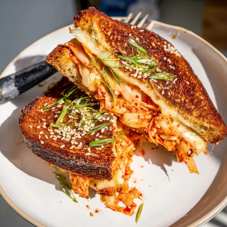 Tangy kimchi and sharp cheddar create the delicious filling for this Skillet Kimchi & Cheddar grilled cheese sandwich.