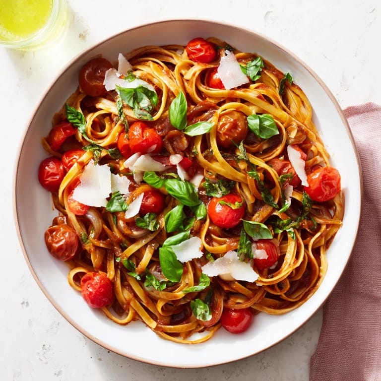 Close-up of the flavorful Cozy Fireplace One-Pan Tomato Basil Pasta, ready for a warm dinner.