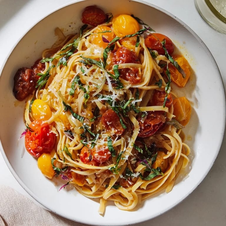 Rustic serving of one-pan Cozy Fireplace Tomato Basil Pasta, garnished with fresh basil leaves.