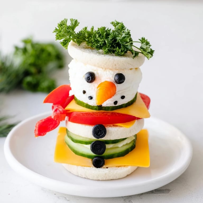 Enjoy this adorable Snowman Sandwich Stack, featuring colorful veggies and black olive eyes on a plate.