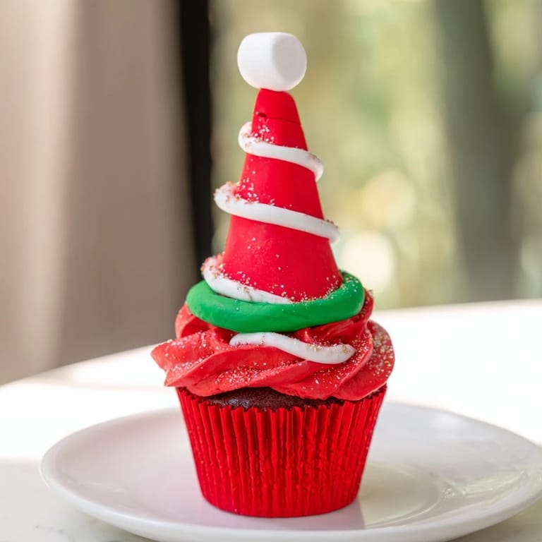 Delicious Elf Hat Cupcakes: A closeup view of the vibrant elf hat-covered cupcakes on display for a party.