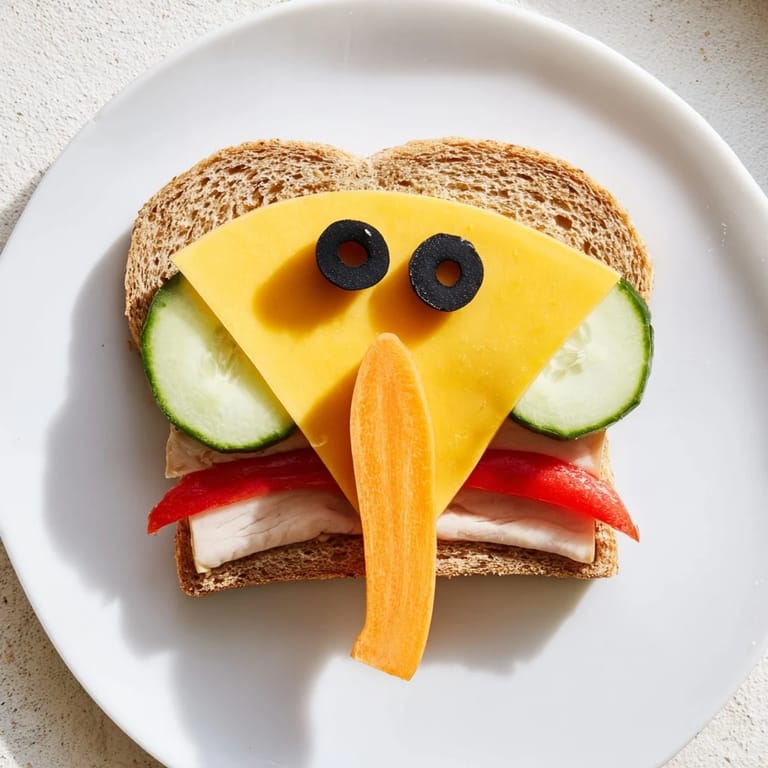 Whole wheat Big Top Elephant Sandwiches shaped charmingly, enhanced by carrot trunks and a lively snack display.