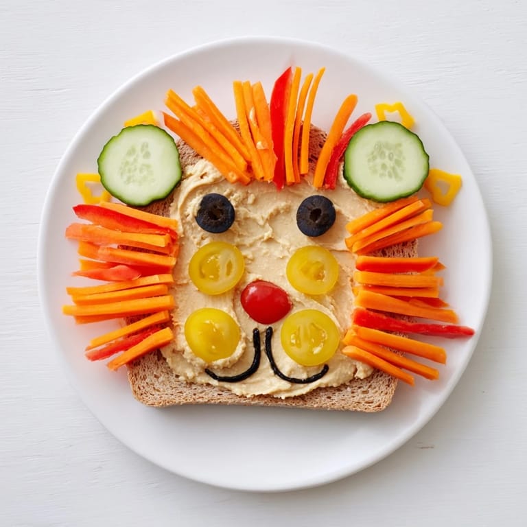 A colorful King of the Jungle Lion Lunch Board, featuring hummus, veggies, and a smiling apple mouth.