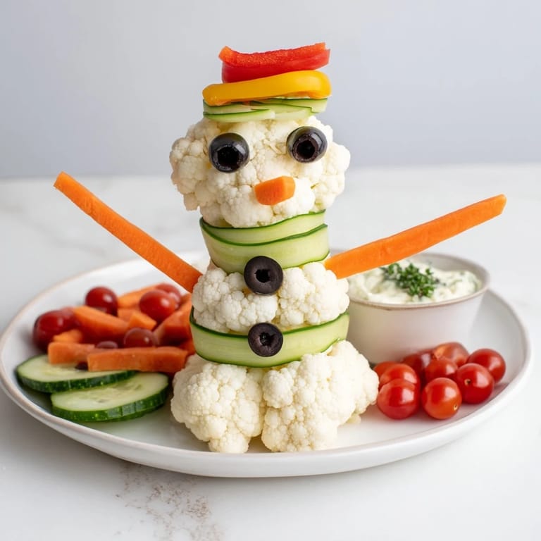 Crisp veggies create an adorable snowman crudités platter, served with a flavorful, creamy herb dip.