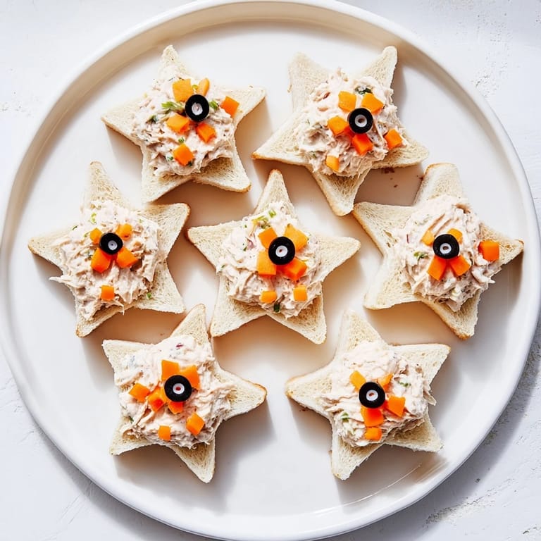 These Mini Starfish Sandwiches, ocean-themed appetizers, feature olive eyes and carrot star points.
