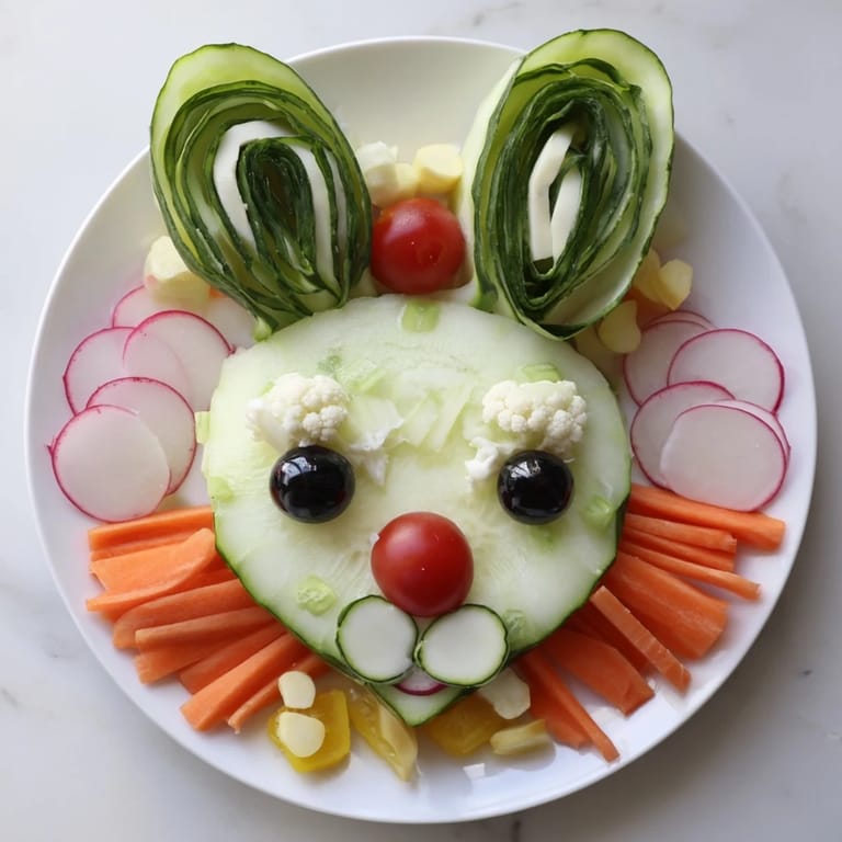 A delightful Easter Bunny Spring Platter arrangement: colorful vegetables surround creamy dips and crackers.
