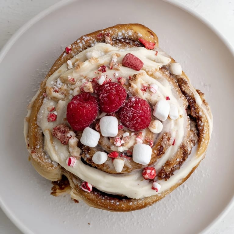 A deliciously decorated North Pole Cinnamon Roll Board featuring soft rolls, marshmallows, and vibrant garnishes.