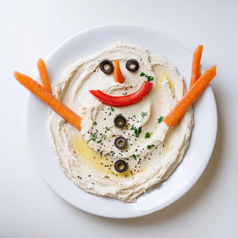 Creamy melted snowman hummus, a colorful platter with carrot nose and bell pepper scarf.
