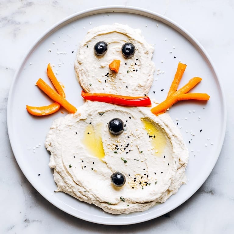 Homemade melted snowman hummus recipe, ready to serve with fresh vegetable dippers for everyone.