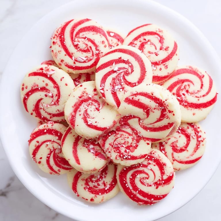 Delicious freshly baked Candy Cane Swirl Cookies featuring vibrant red swirls, speckled with candy.